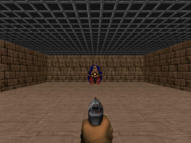 First-person view of the Doomfly test arena, with an enemy across the room