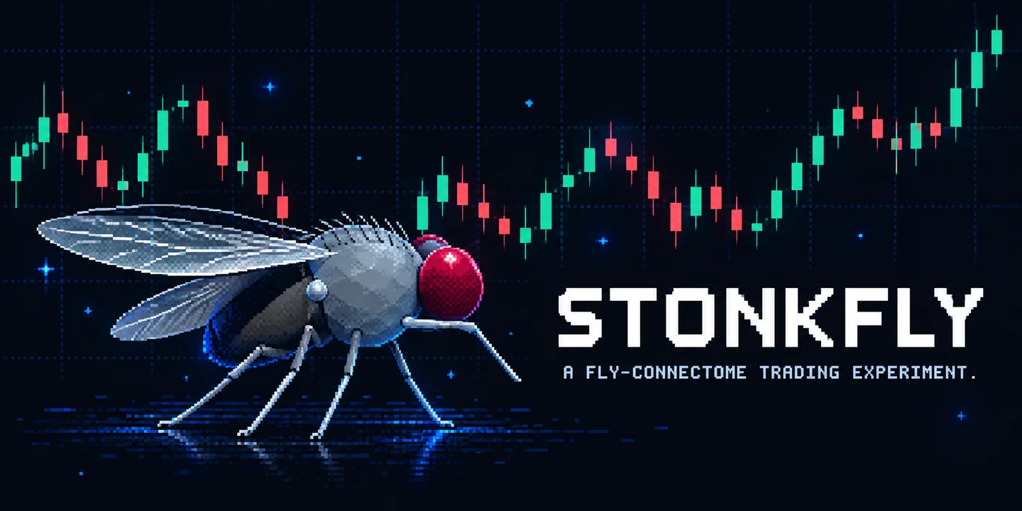 Stonkfly project artwork: a pixel-art fruit fly beside a candlestick chart